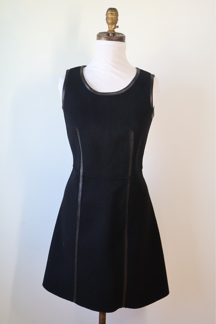 Apostrophe Paris Black Wool Cashmere Mini Dress Leather Trim Aline Minimalist 36